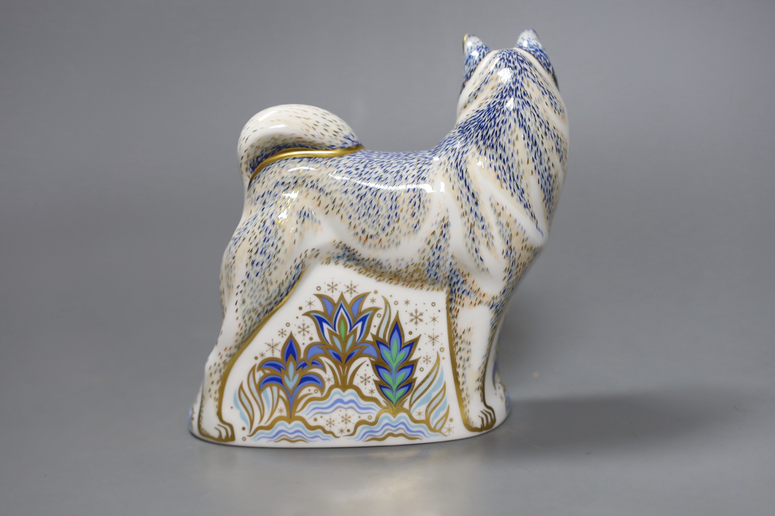 A Royal Crown Derby paperweight - Husky, gold stopper, boxed, no certificate